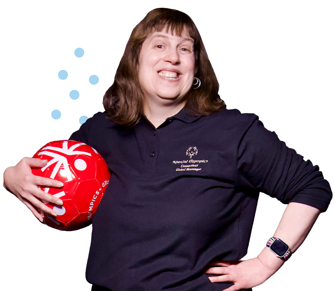 Global Messenger Ali Smith smiling and holding an SOCT branded soccer ball