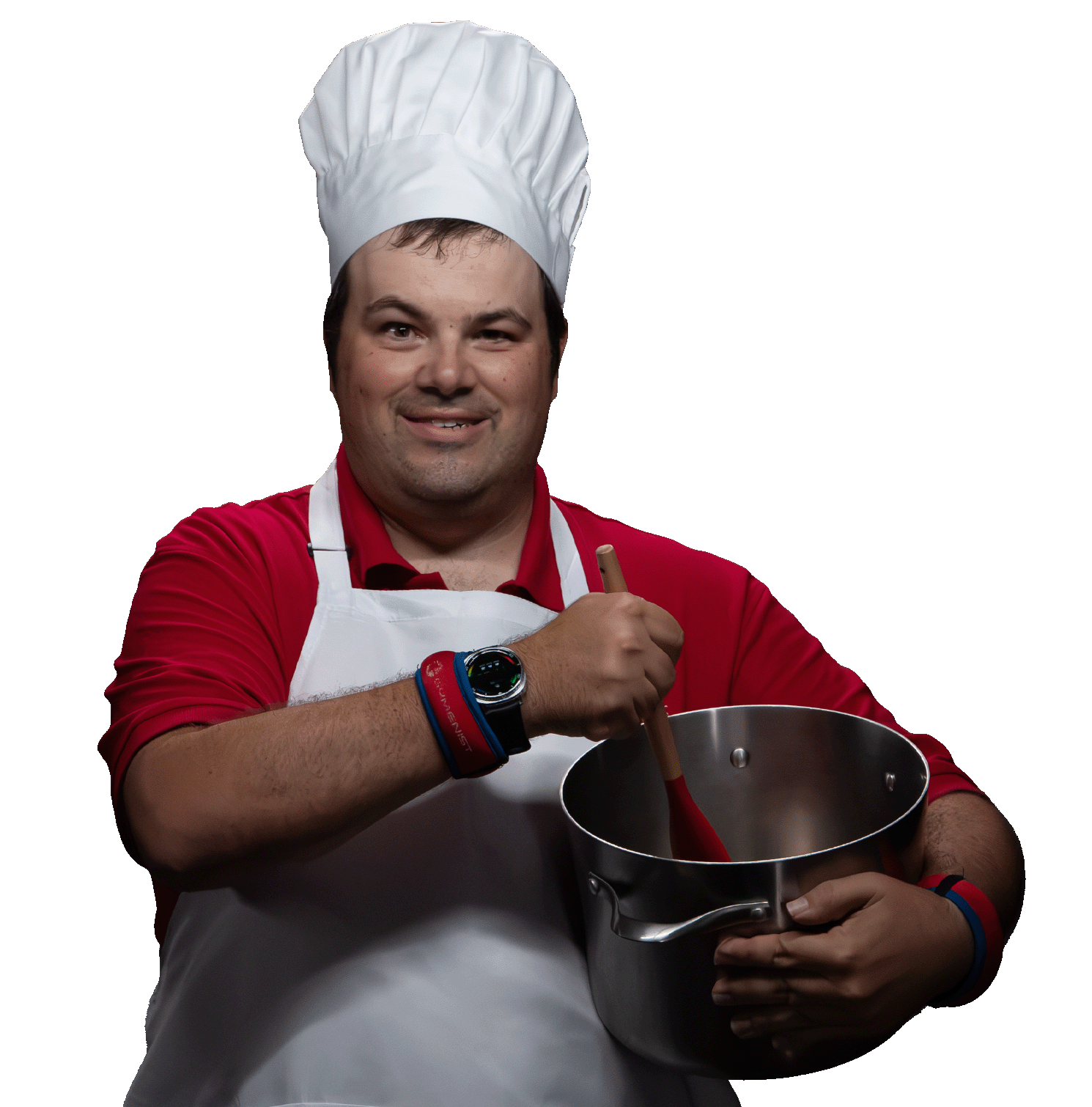 Global Messenger Matt Glad with a chef hat and holding a mixing a bowl