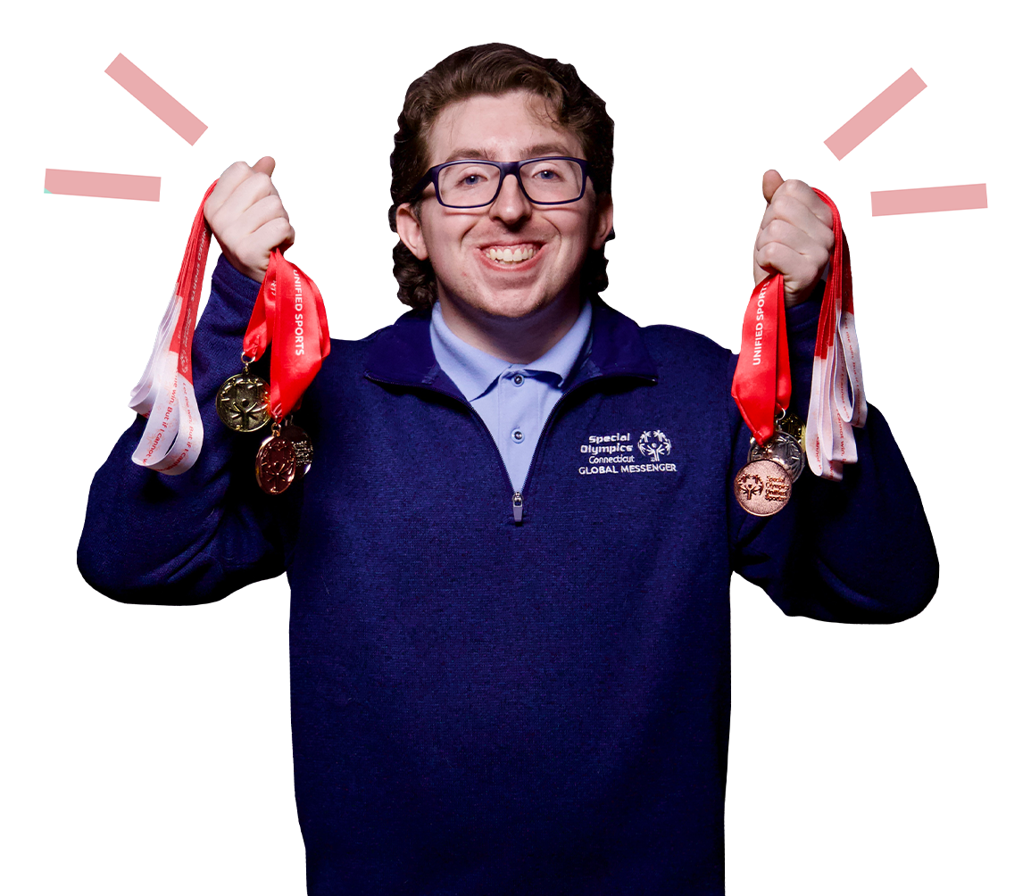 Global Messenger holding up SOCT medals